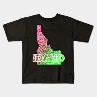 Colorful mandala art map of Idaho with text in pink and green Kids T-Shirt